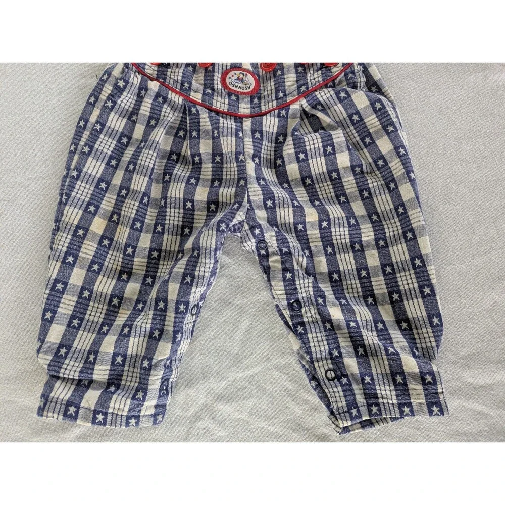 Vtg 3-6 MO Oshkosh B’Gosh Blue Plaid Star Overalls Vestbak USA Patriotic Cotton